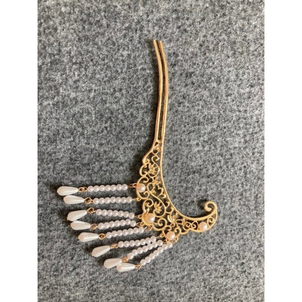 Traditional  Hair Accessory Set Gold Pearl Tassel Comb Forks Earrings - Picture 8 of 9